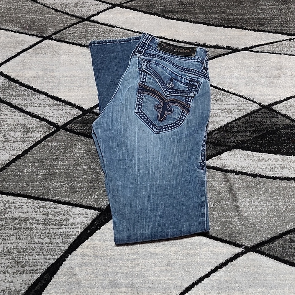 VINTAGE ROCK REVIVAL JEN EMBROIDERED FLEUR-DE-LIS LEATHER- TRIM SKINNY-DENIMJEAN